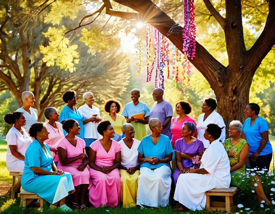 A serene, uplifting scene depicting a diverse group of cancer patients in a supportive gathering, sharing stories and resources. Soft sunlight filters through trees, illuminating the setting, with colorful awareness ribbons hanging gently. Each individual is engaged and smiling, symbolizing hope and empowerment. Natural elements like flowers and butterflies represent growth and healing. super-realistic. vibrant colors. warm tones.