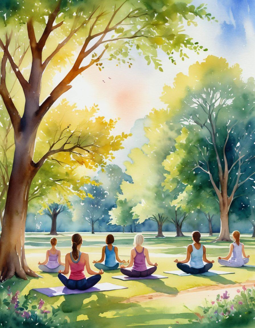 A serene landscape symbolizing hope, featuring a diverse group of individuals engaging in various wellness activities like yoga and meditation in a sunlit park. Gentle sunlight filters through lush trees, and a soft, supportive atmosphere conveys strength and community. Include elements like a bright cancer awareness ribbon intertwined with nature, embodying resilience. watercolor painting. vibrant colors. soft focus.