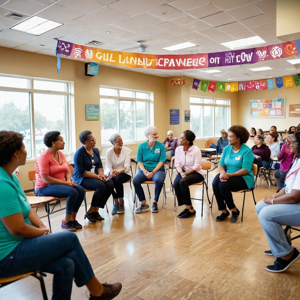 A diverse group of people gathering in a bright, welcoming community center, engaging in supportive discussions about cancer wellness. Incorporate elements like educational materials, colorful banners promoting advocacy, and warm interactions between attendees. Include symbolic items such as ribbons and flowers representing hope and healing. Emphasize a sense of unity and compassion. vibrant colors. super-realistic. natural lighting.
